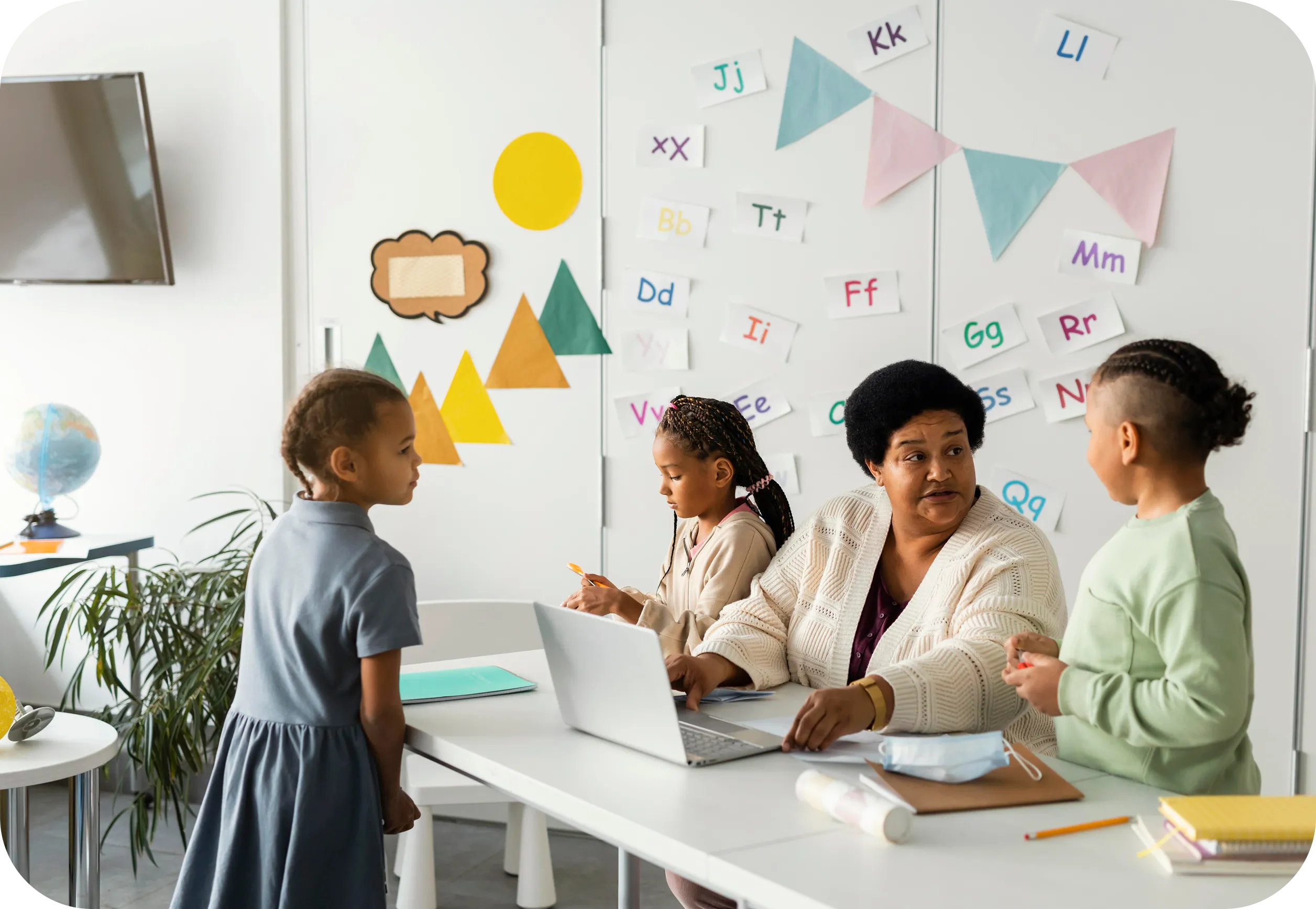 teacher talking with student